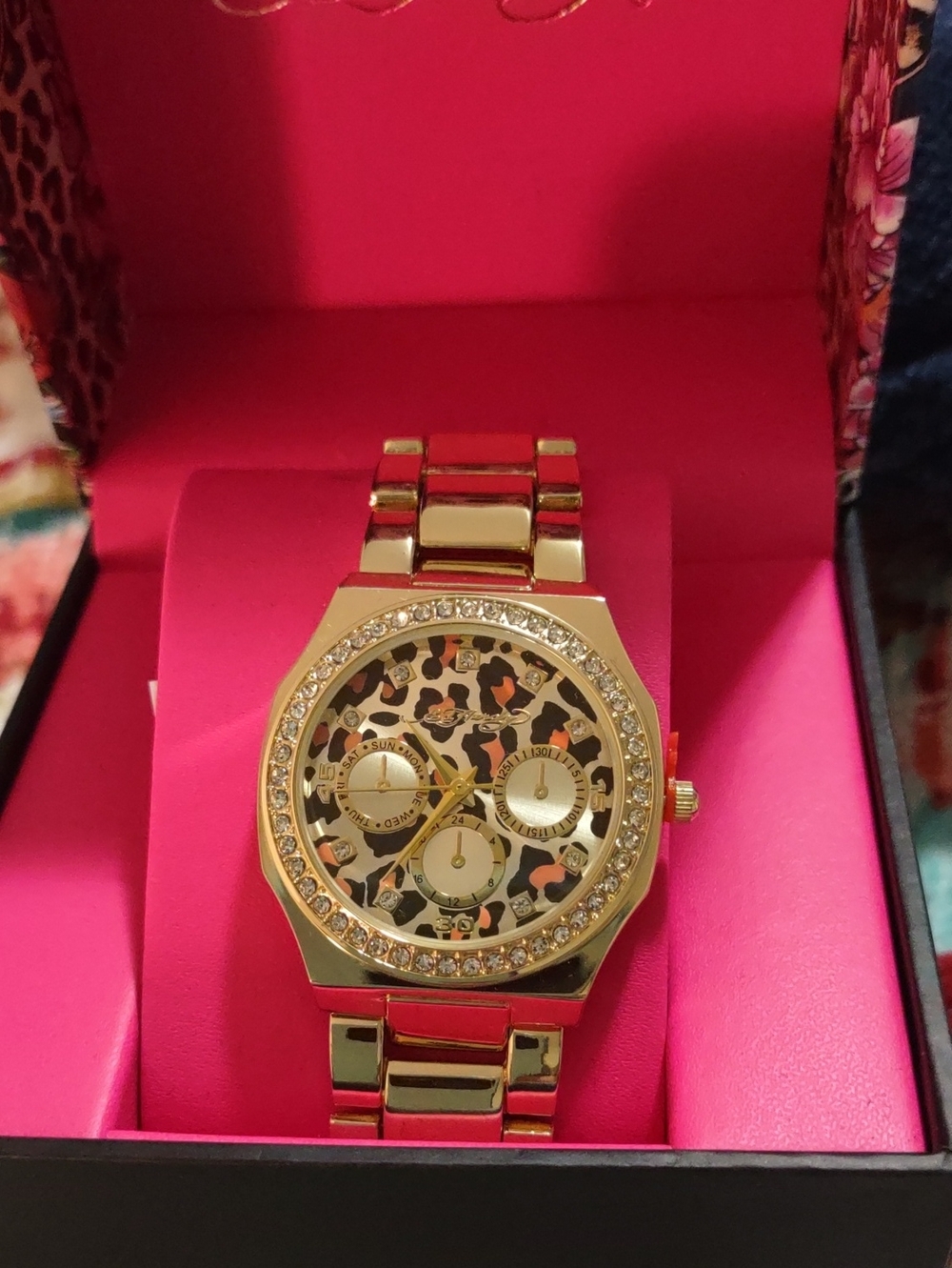 NWT Ed Hardy Gold-Tone Watch Leopard Print Dial Crystal Bezel